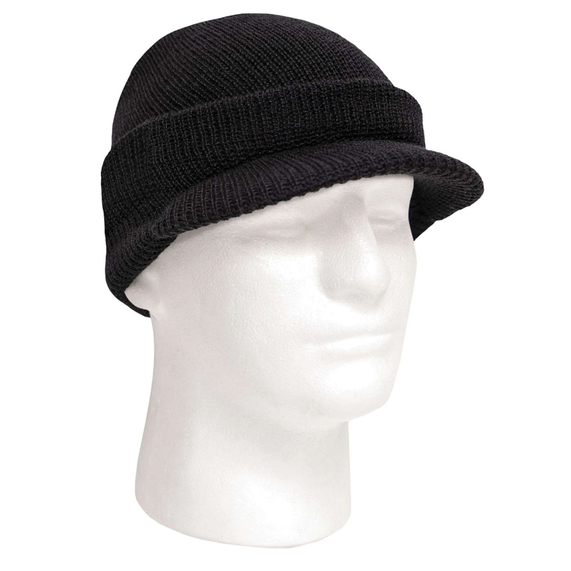 Black - 100% Wool Beanie Jeep Cap Official US Govt DOD Warm Double Layer Brim Visor Hat