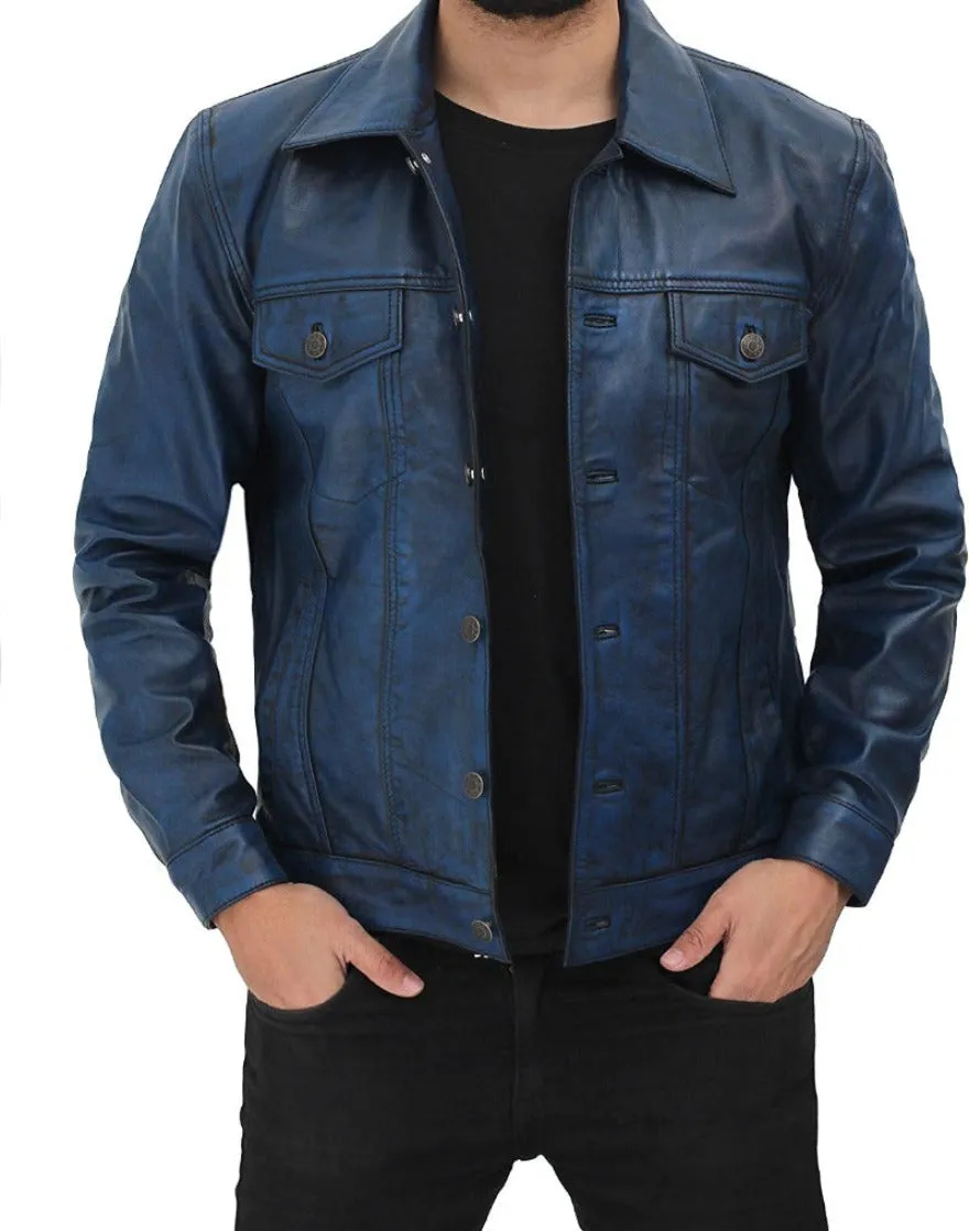 Blue Leather Trucker Jacket Genuine Nappa Sheepskin