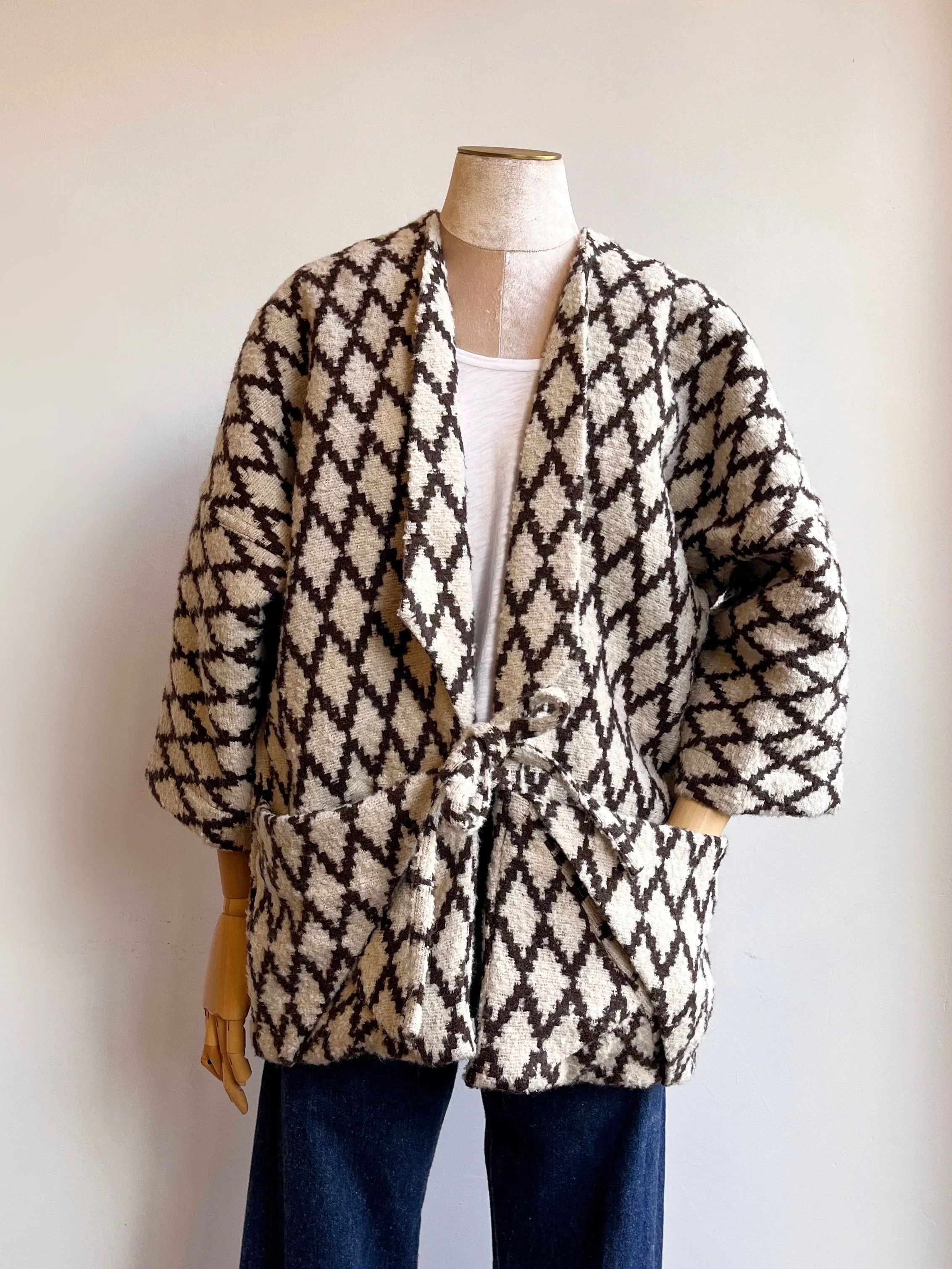 Brown/Ivory Diamond Pattern Blended Wool Chore Jacket