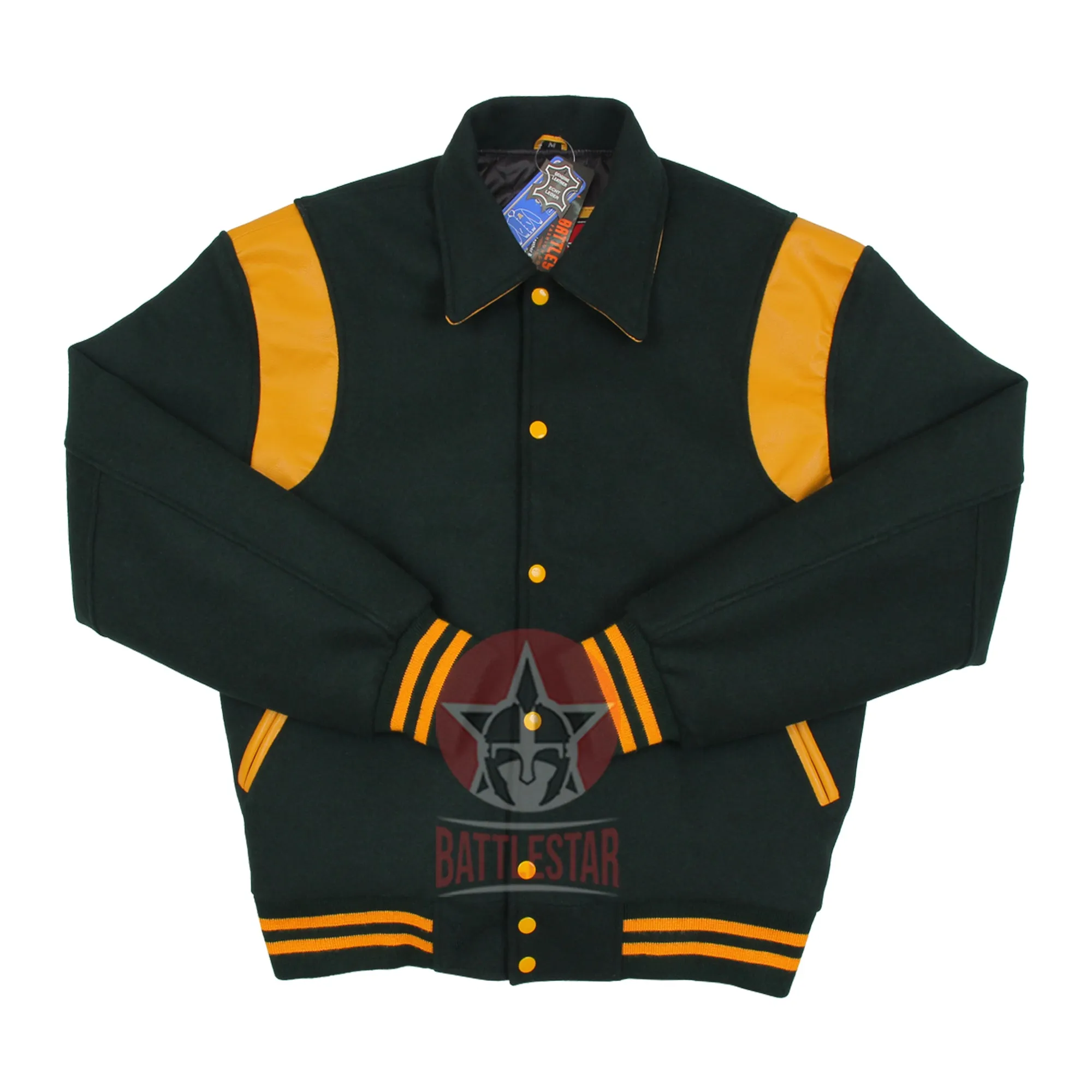 Byron Collar Forest Green Wool Gold Yellow Leather Stripes Varsity Baseball Jacket