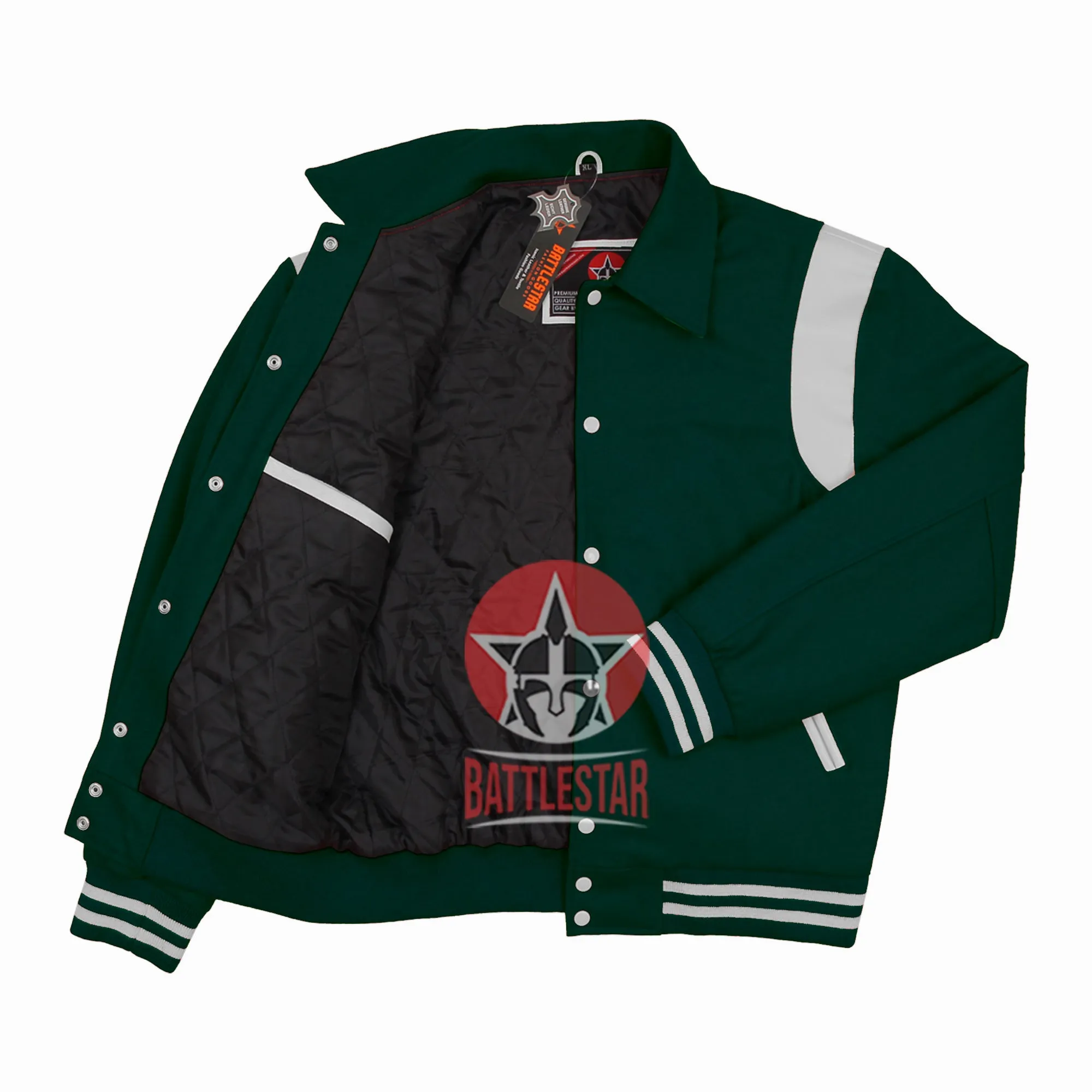 Byron Collar Forest Green Wool White Leather Stripes Varsity Baseball Jacket