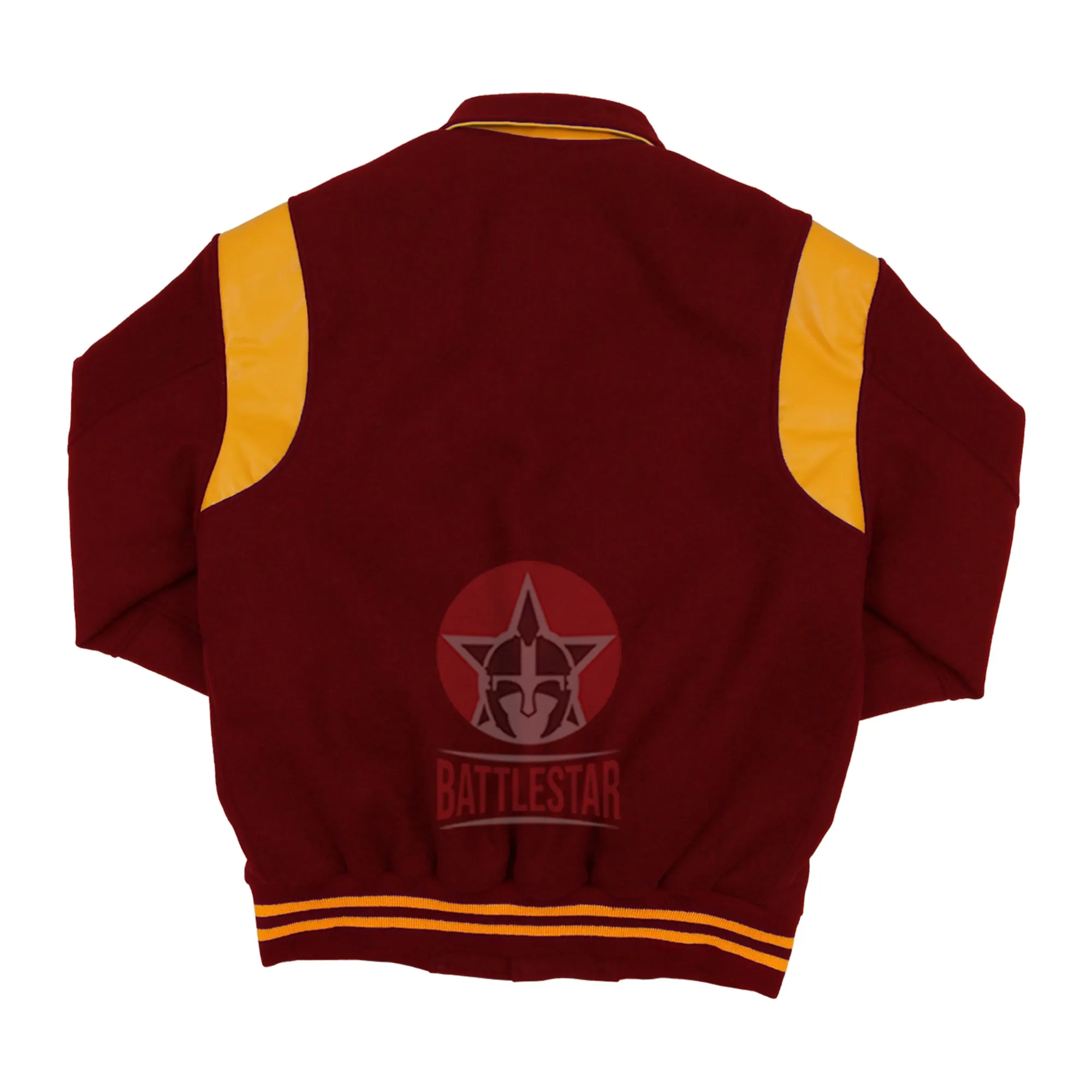 Byron Collar Maroon Wool Gold Yellow Leather Stripes Varsity Baseball Jacket