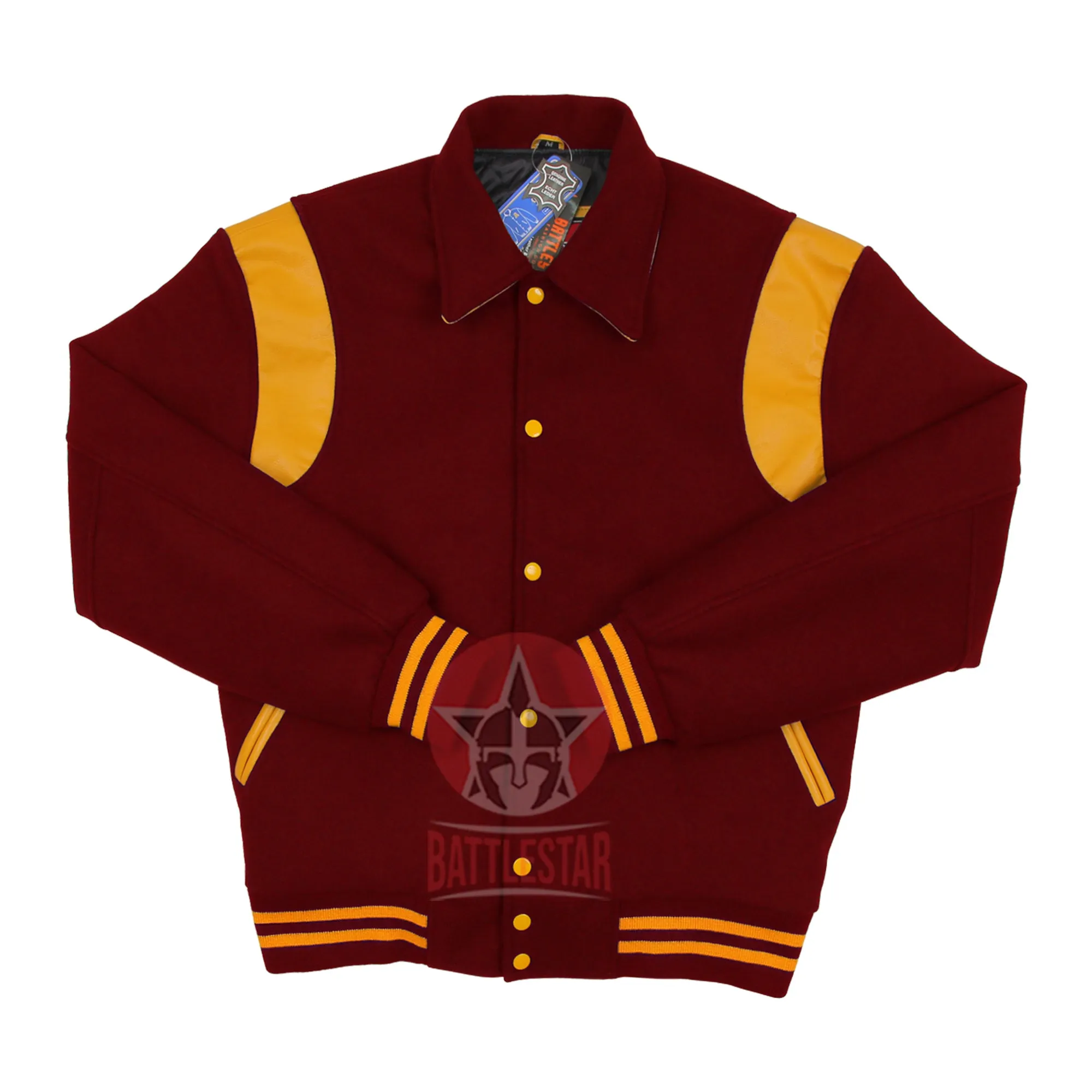 Byron Collar Maroon Wool Gold Yellow Leather Stripes Varsity Baseball Jacket