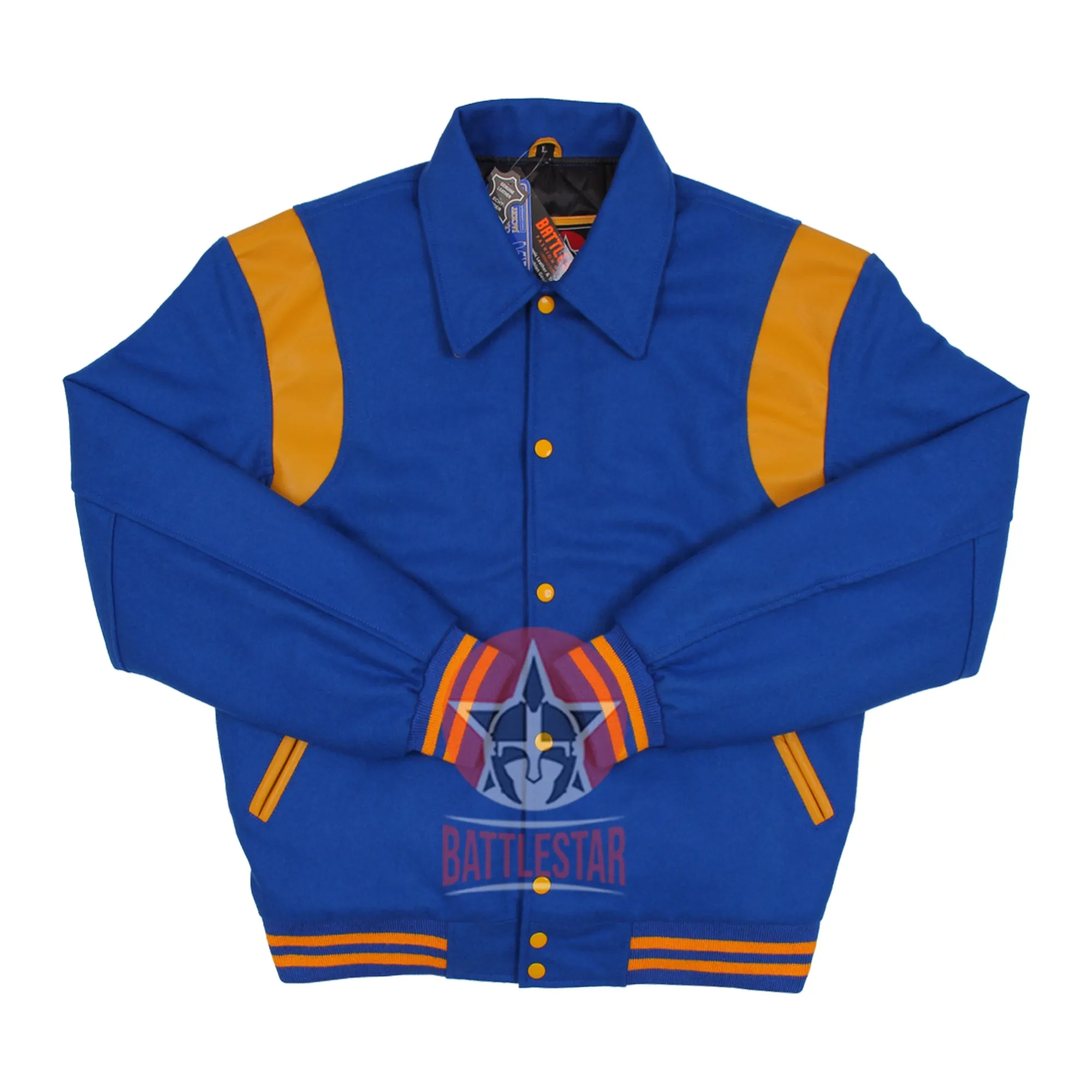 Byron Collar Royal Blue Wool Gold Yellow Leather Stripes Varsity Baseball Jacket