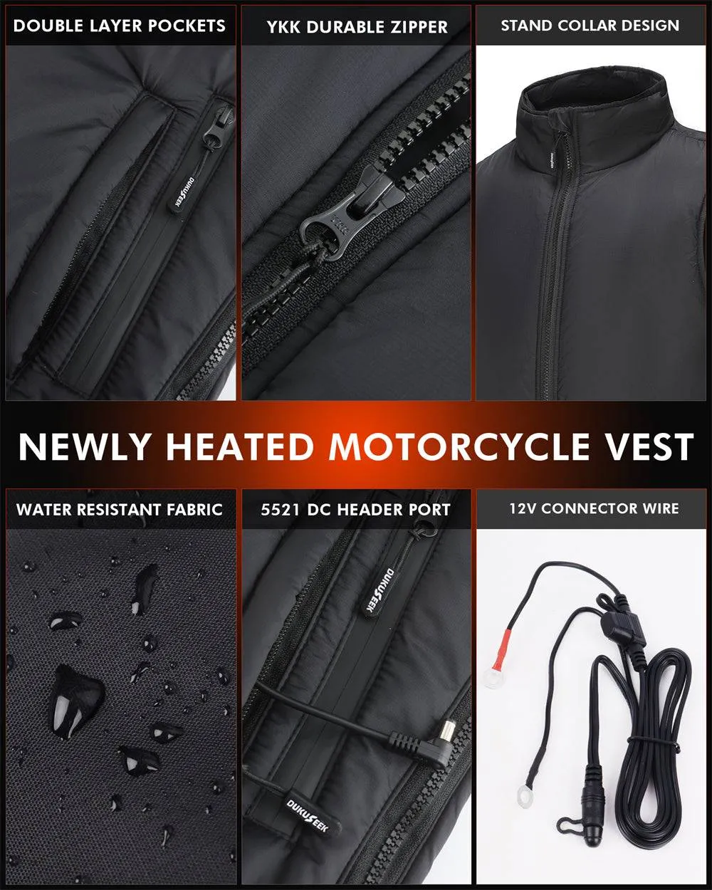 DUKUSEEK 12V Men's Heated Motorcycle Vest Lightweight Heated Gilet for Motorcycling【No battery】