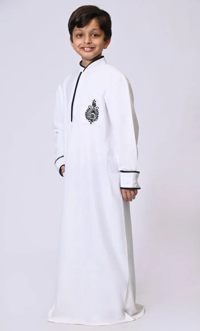 Elevated Elegance Embroidered Boy's White Thobe with Contrast Accents