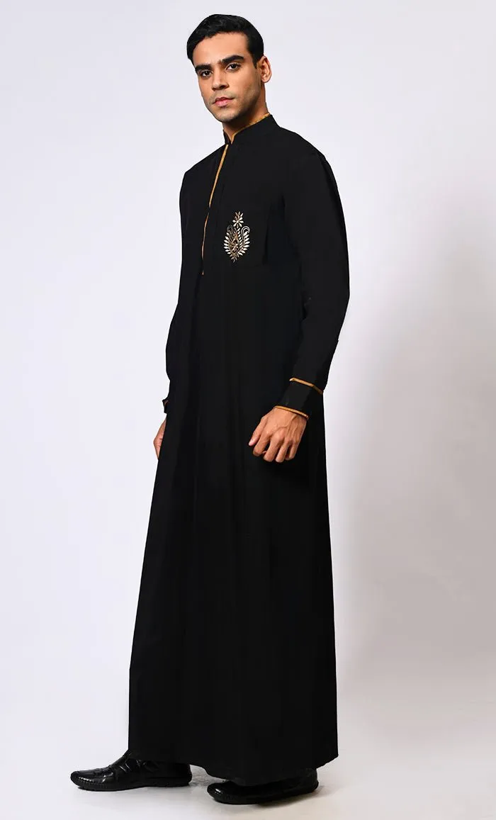 Elevated Elegance: Embroidered Men's Black Thobe with Contrasting Trims - Final Sale