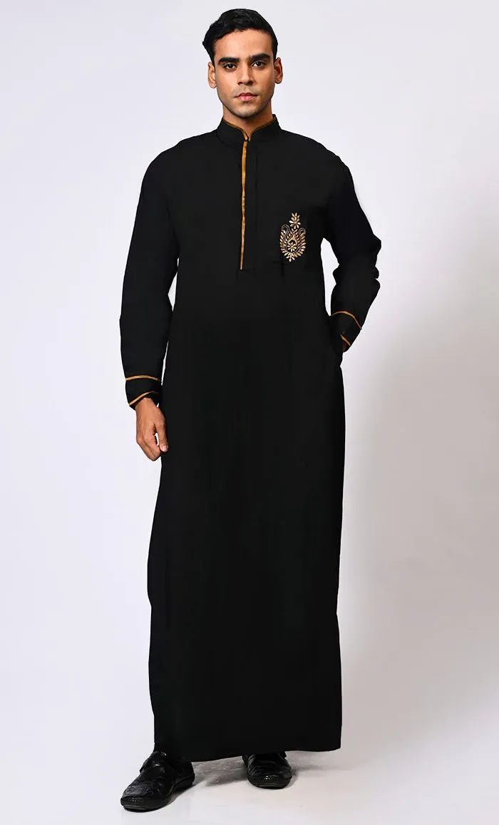 Elevated Elegance: Embroidered Men's Black Thobe with Contrasting Trims - Final Sale