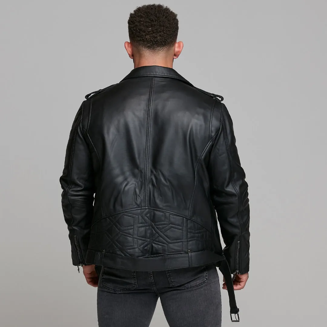 Father Sons Black Leather Jacket with Belt Detail - FSH313