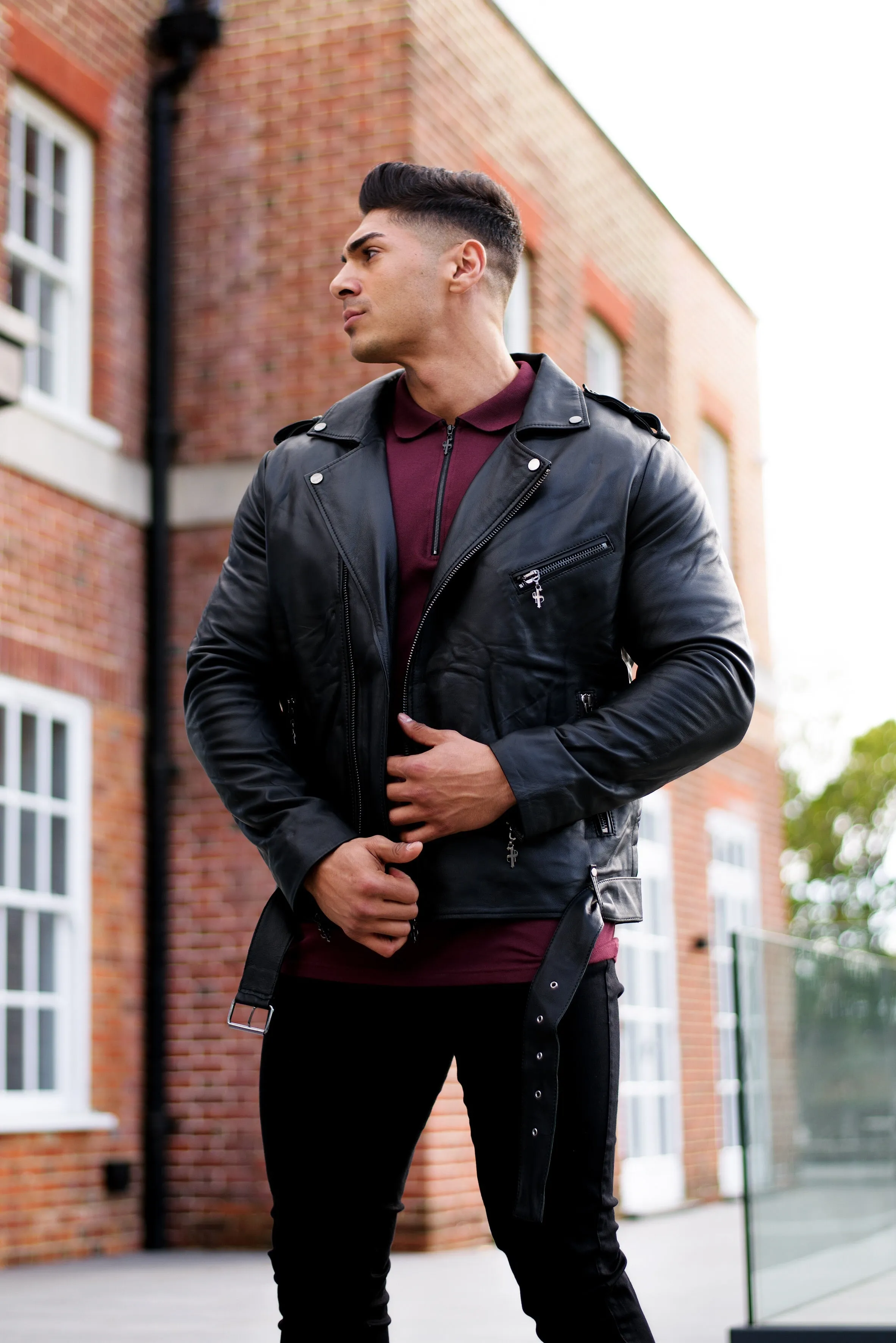 Father Sons Black Leather Jacket with Belt Detail - FSH313