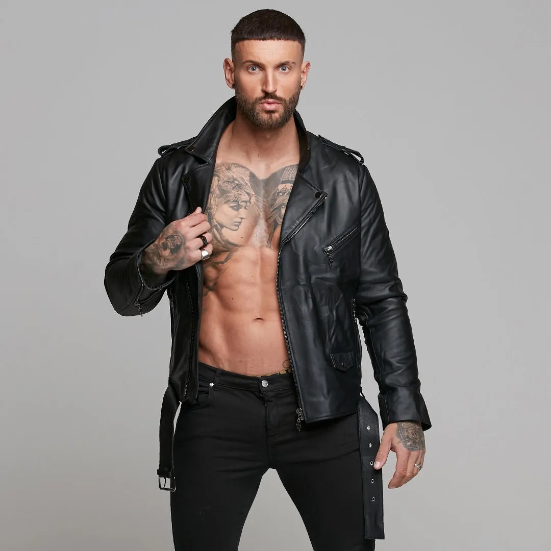 Father Sons Black Leather Jacket with Belt Detail - FSH313