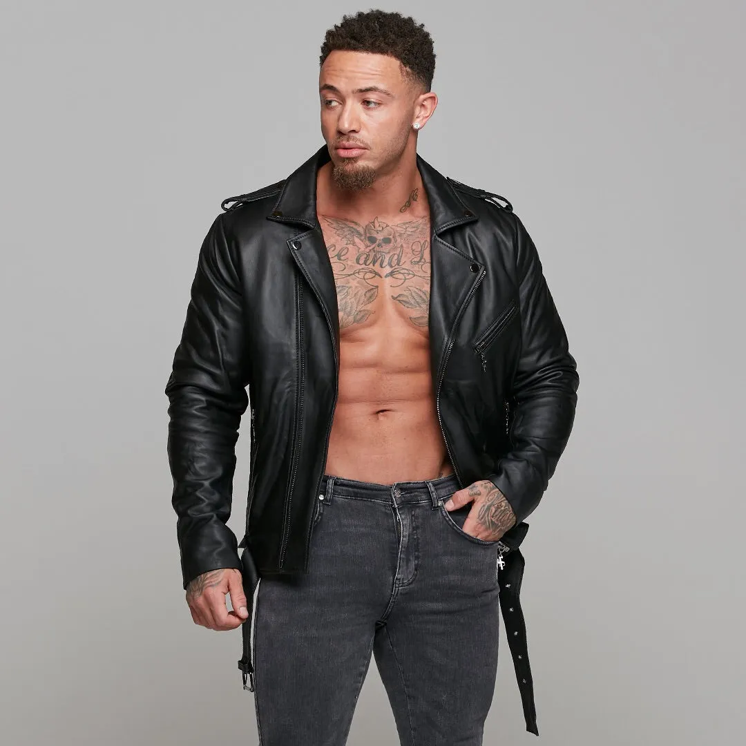 Father Sons Black Leather Jacket with Belt Detail - FSH313