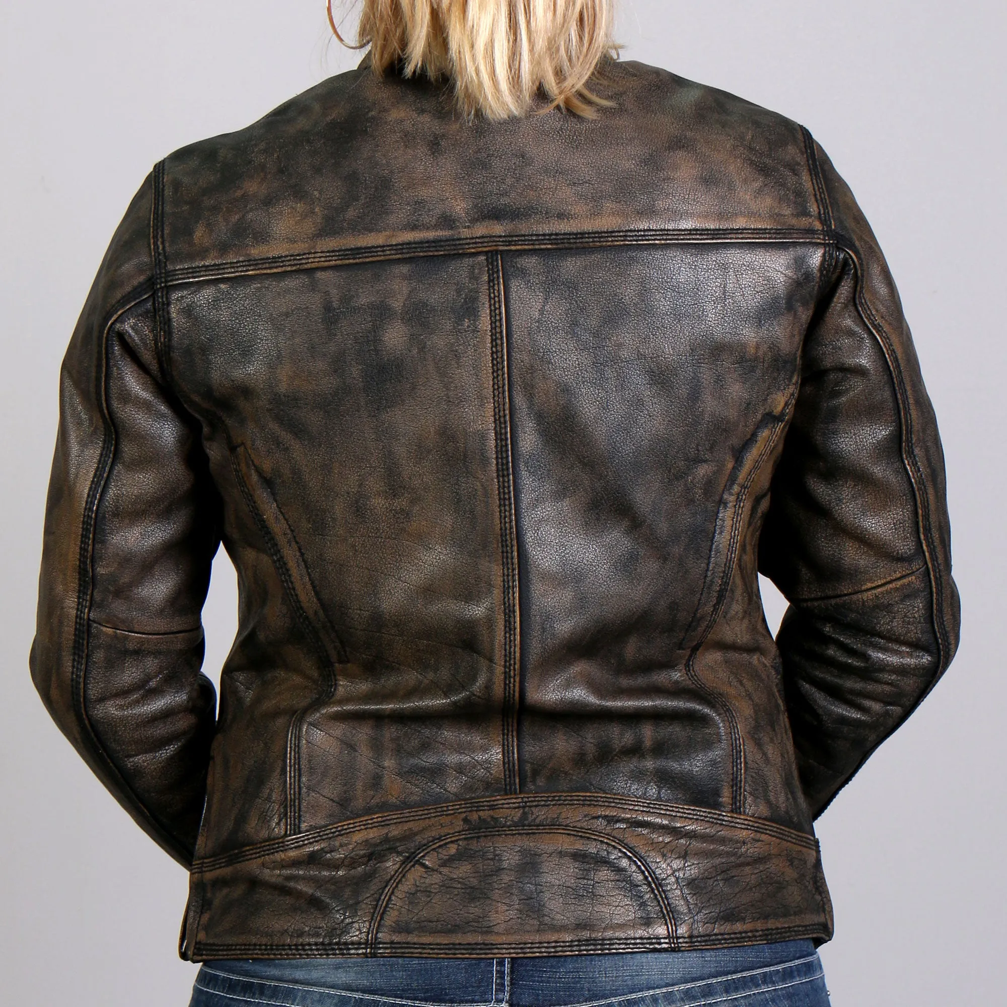 Hot Leathers JKL1024 Ladies Distressed Brown Motorcycle Leather Biker Jacket with  Concealed carry Pockets