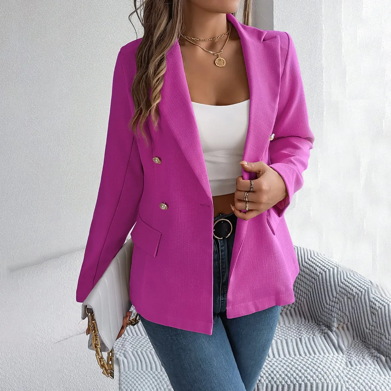 Korean Slim Casual Women's Blazer with Pockets for Spring/Autumn Office Wear