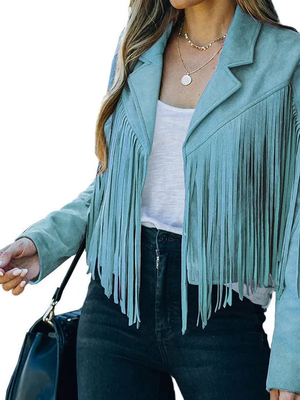 Lapel Fringe Long Sleeve Coat