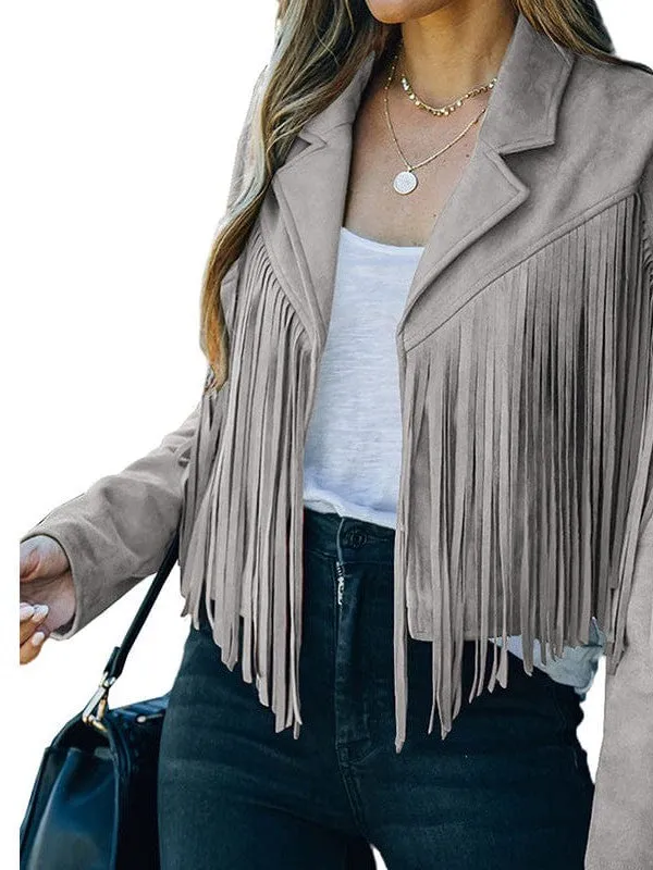 Lapel Fringe Long Sleeve Coat