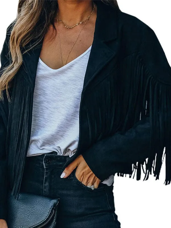 Lapel Fringe Long Sleeve Coat