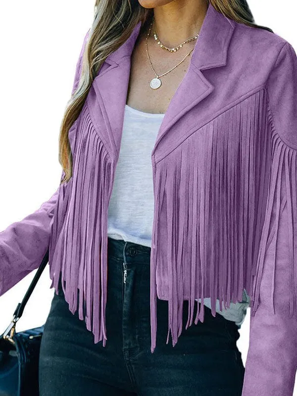 Lapel Fringe Long Sleeve Coat