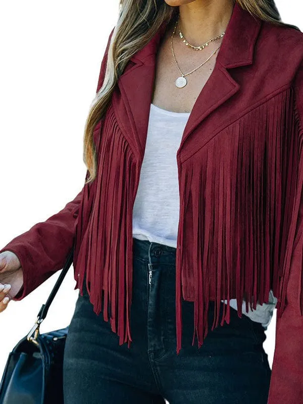 Lapel Fringe Long Sleeve Coat