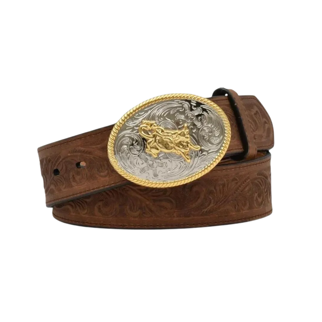 M&F Kid's Brown Floral Tooled Leather Belt