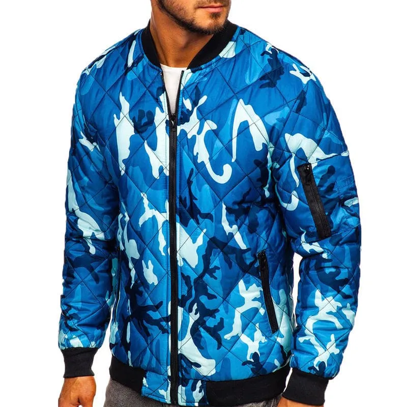 Men Windproof Camo Print Zip Pocket Bomber Jacket