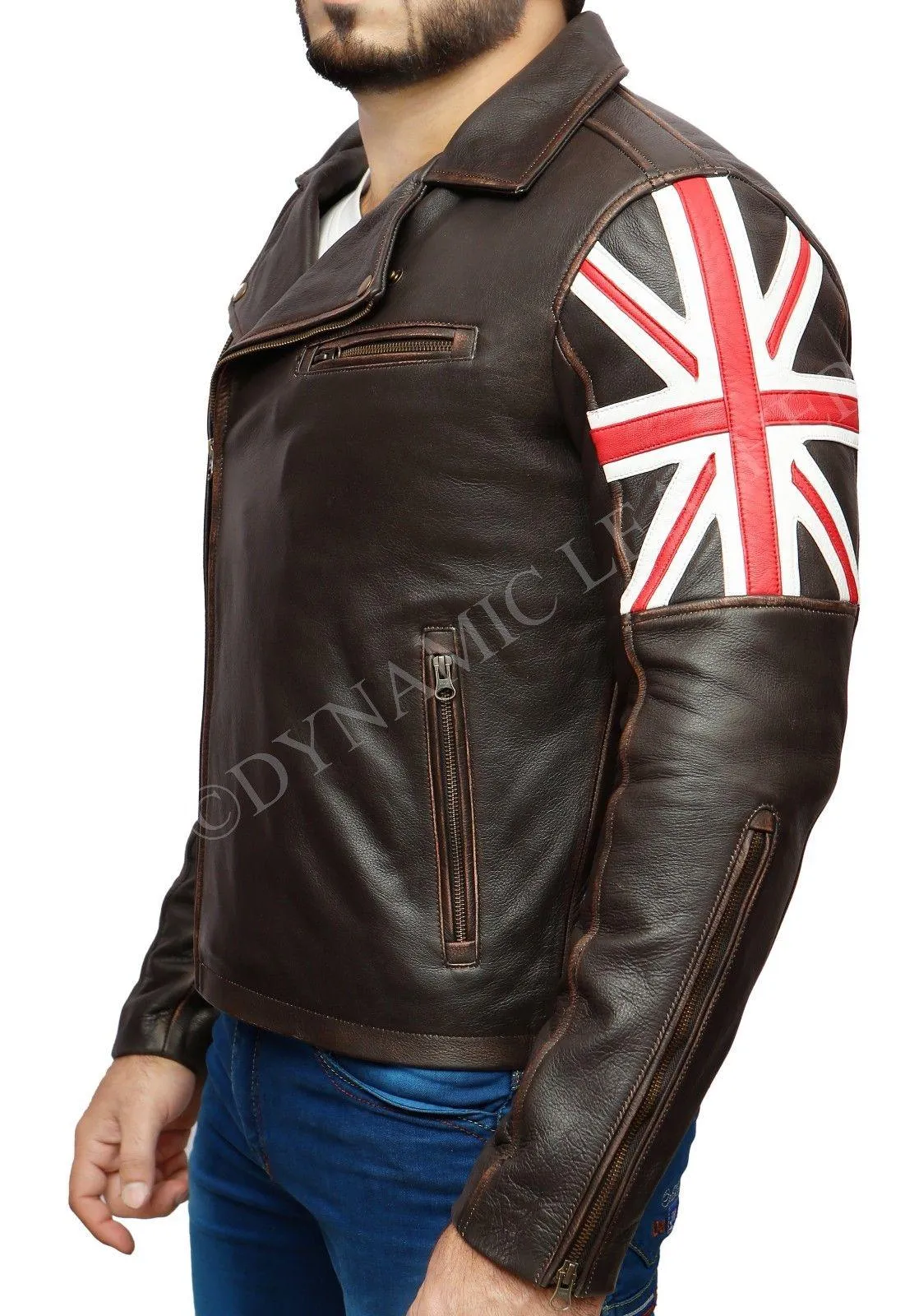 Men's Biker Vintage Distressed Brown Union Jack Racer Leather Jacket