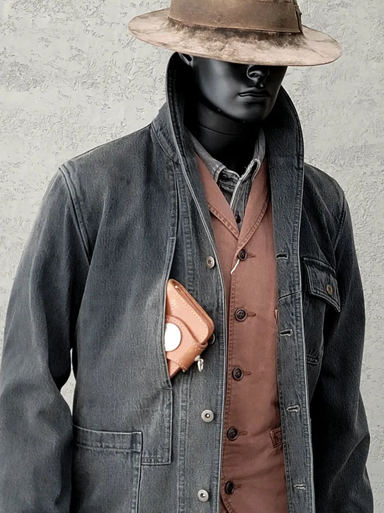 Men's Charcoal Black Shawl Collar Denim Jacket