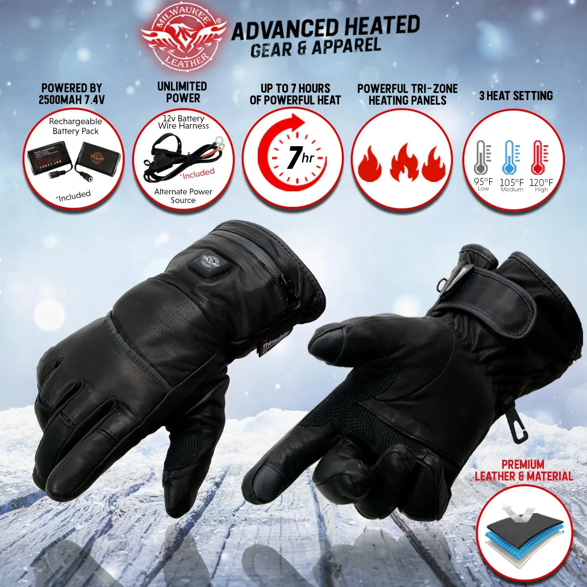 Milwaukee Leather MG7513SET Men’s Heated Winter Gloves for Motorcycle