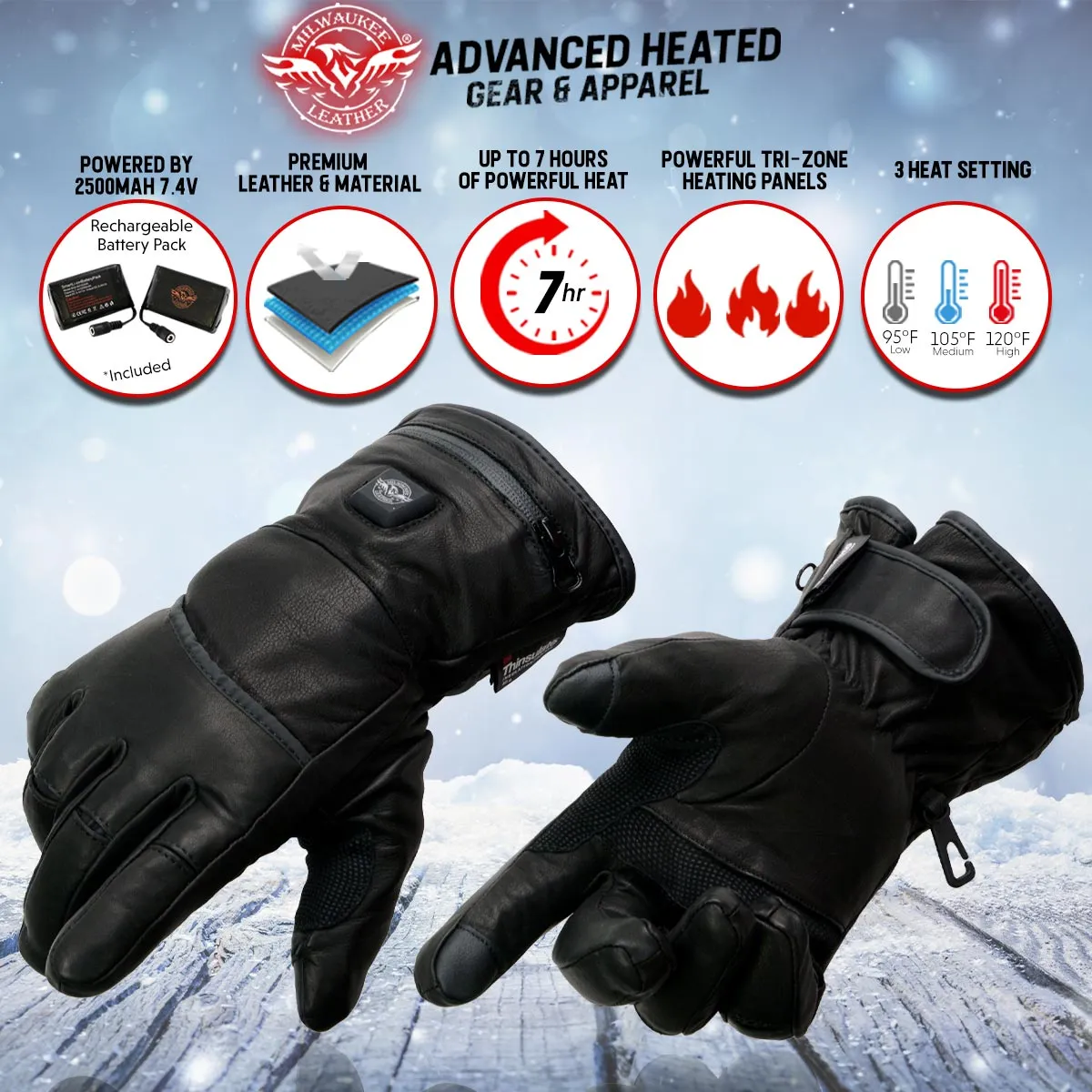 Milwaukee Leather MG7713SET Women's Heated Black Leather Winter Gloves