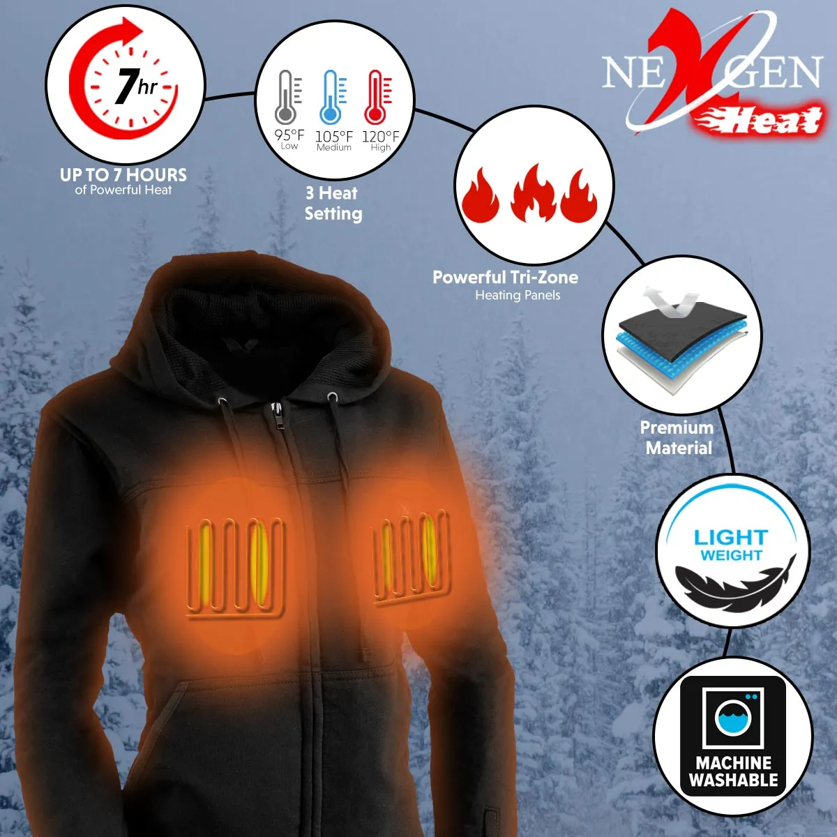 Nexgen Heat MPL2717DUAL Technology Women's Heated Hoodie - Black Sweatshirt Jacket for Winter Season w/Battery Pack