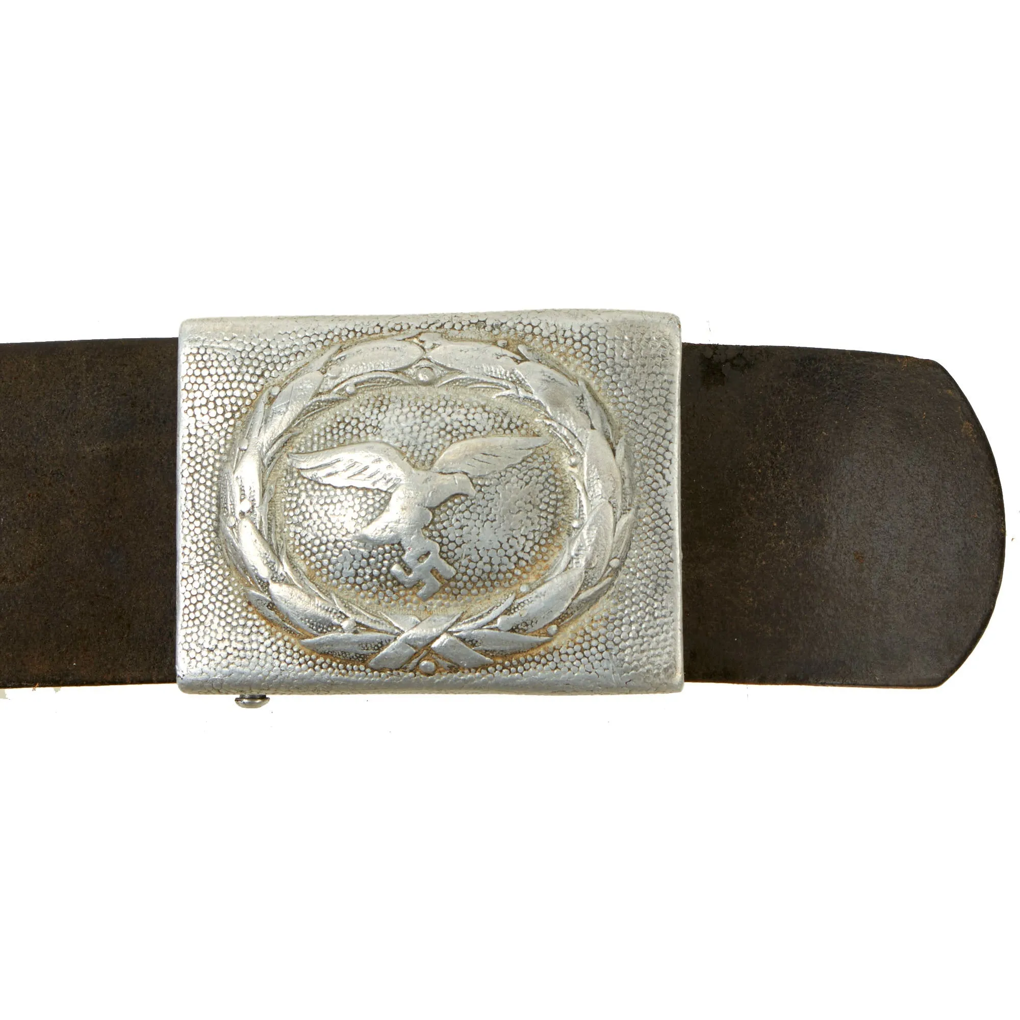 Original German WWII EM/NCO Luftwaffe Belt with Pebbled Aluminum Buckle by Rare Maker Lind & Meyrer - dated 1939