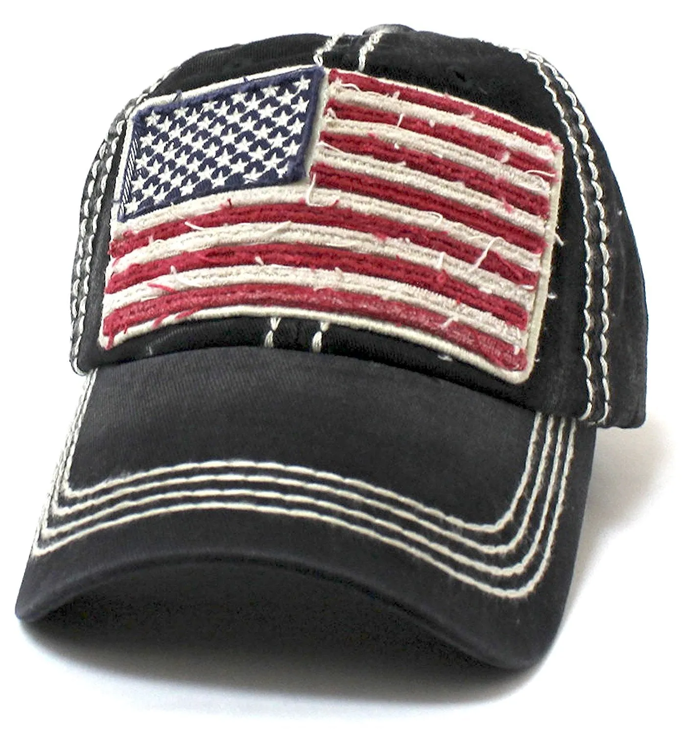 Oversized Vintage AMERICAN FLAG Patch Embroidery Baseball Cap, Black