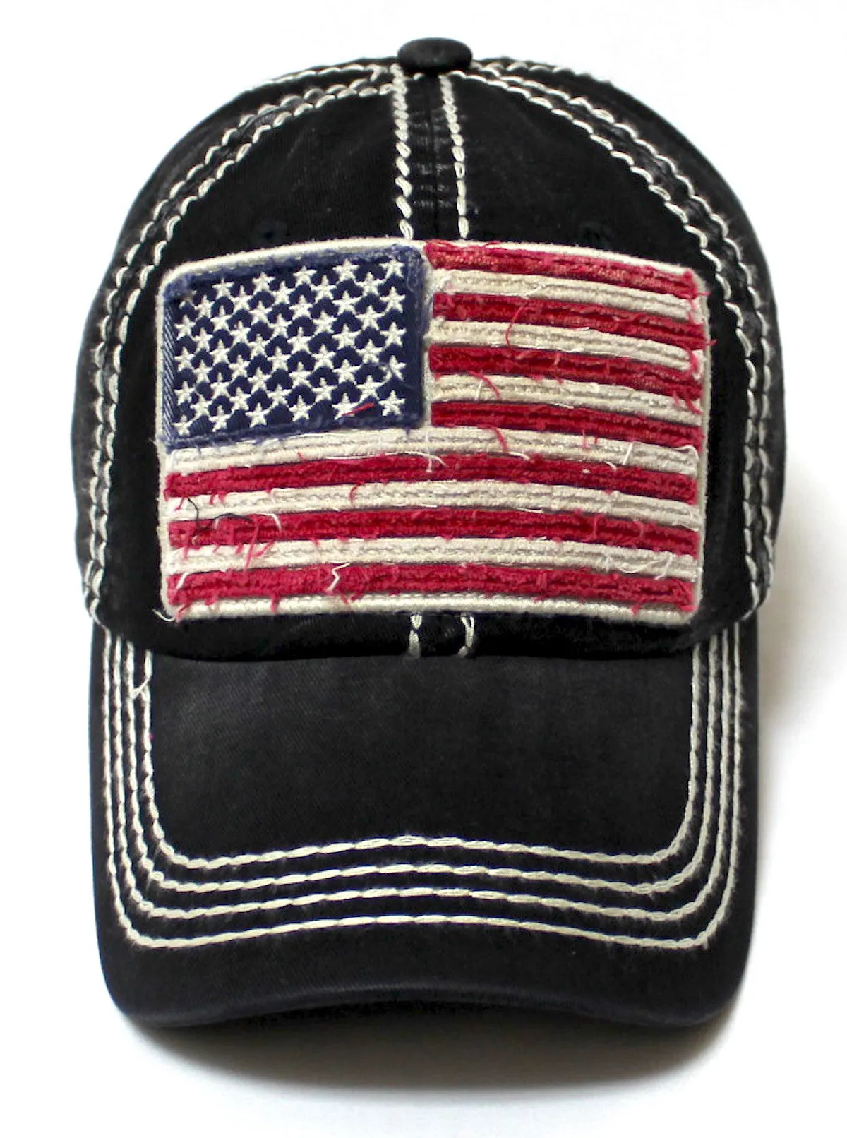 Oversized Vintage AMERICAN FLAG Patch Embroidery Baseball Cap, Black