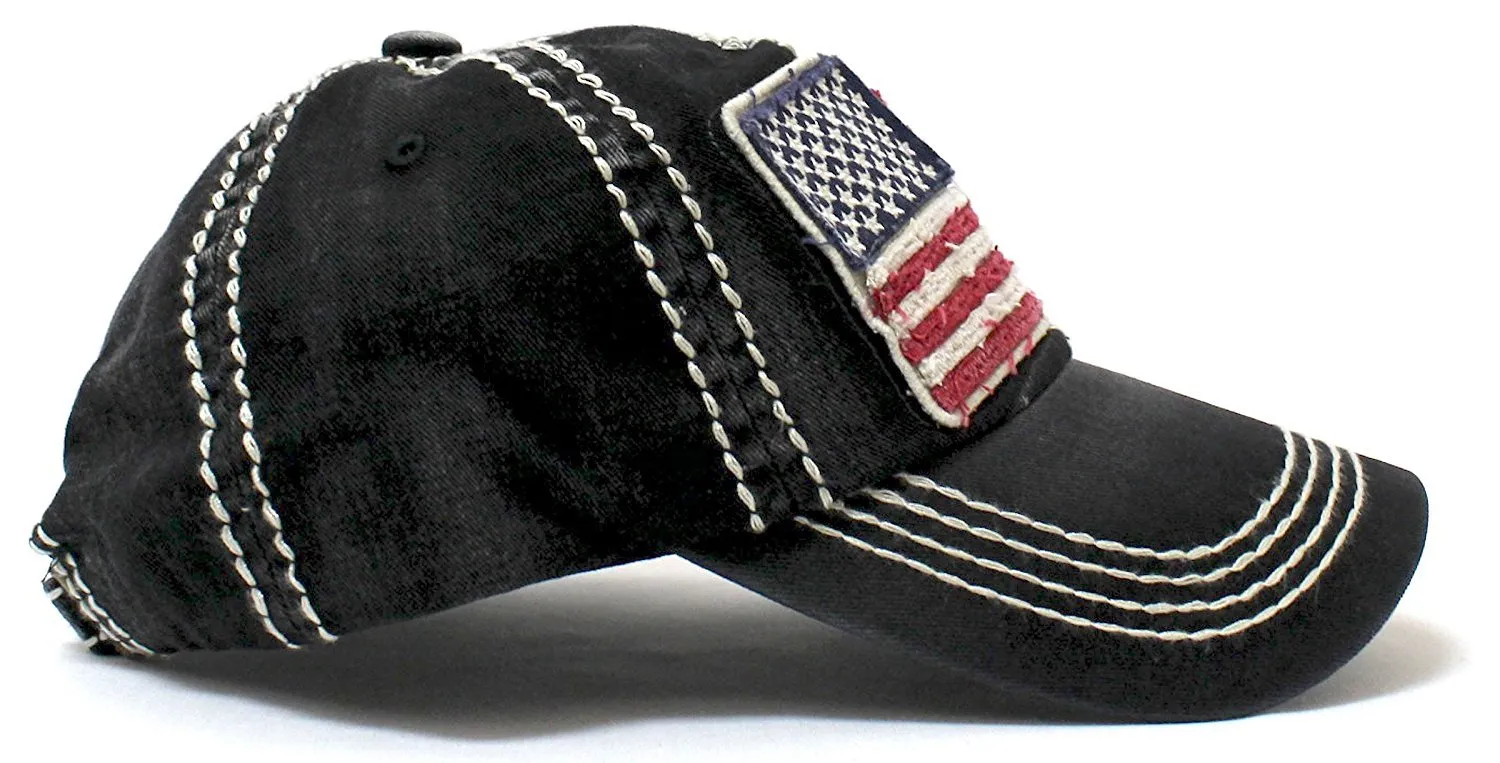 Oversized Vintage AMERICAN FLAG Patch Embroidery Baseball Cap, Black