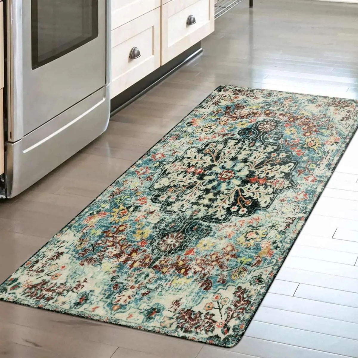 Reine Bohemian Floral Medallion Dark Teal Area Rug