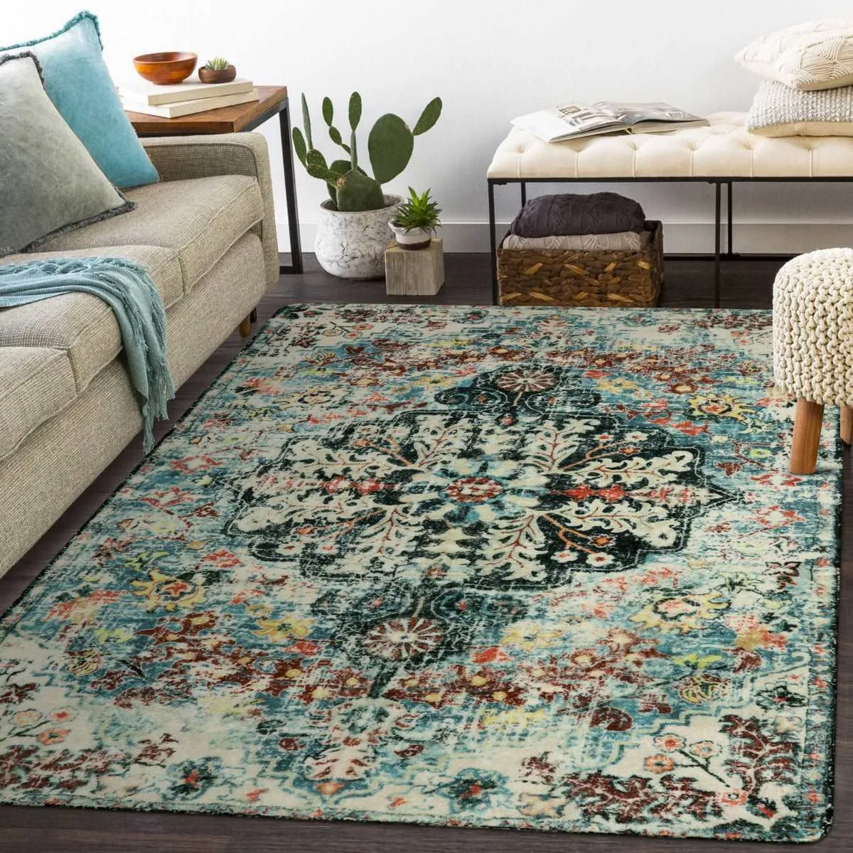 Reine Bohemian Floral Medallion Dark Teal Area Rug