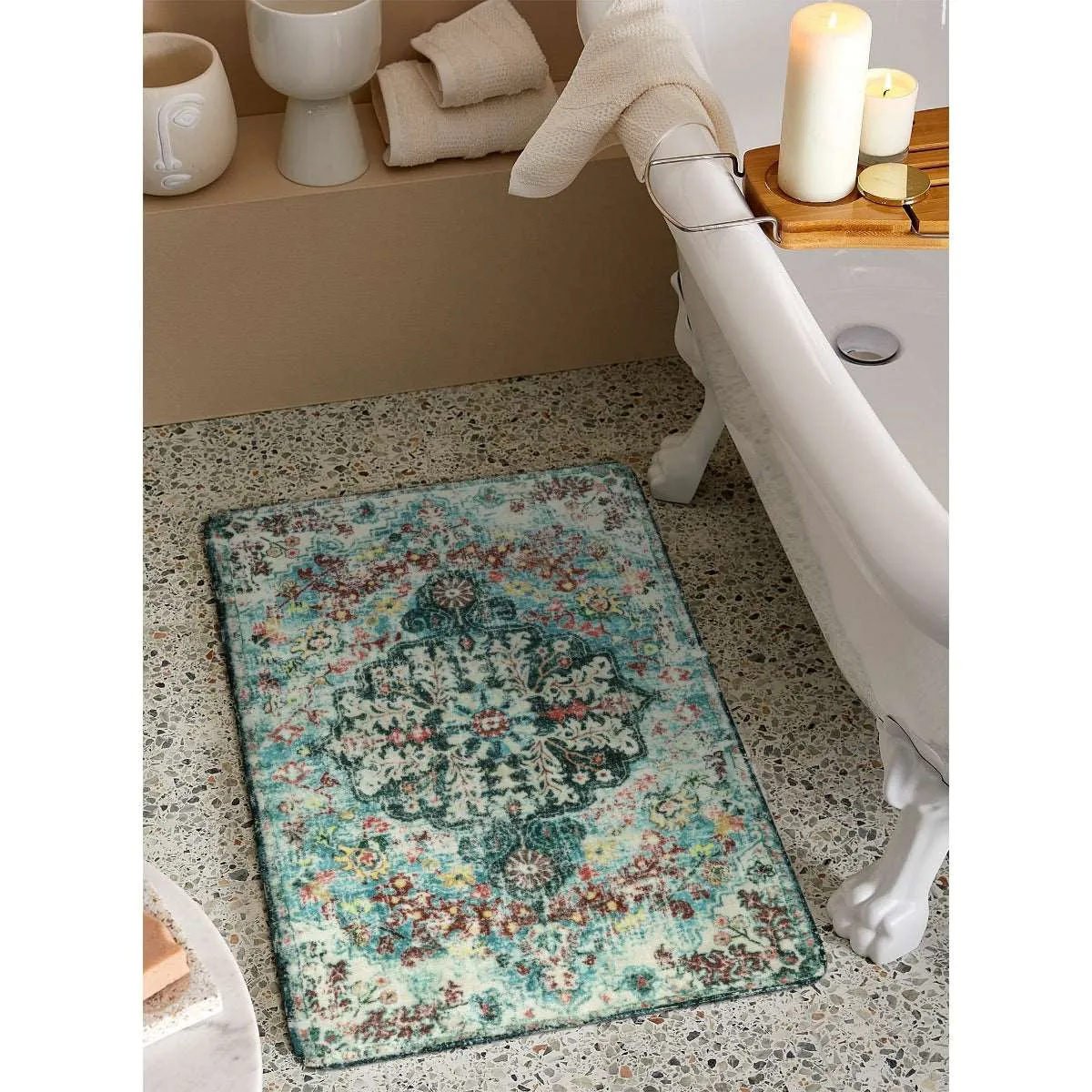 Reine Bohemian Floral Medallion Dark Teal Area Rug