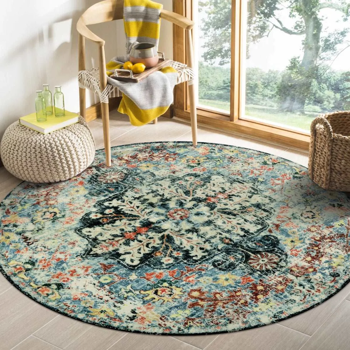 Reine Bohemian Floral Medallion Dark Teal Area Rug