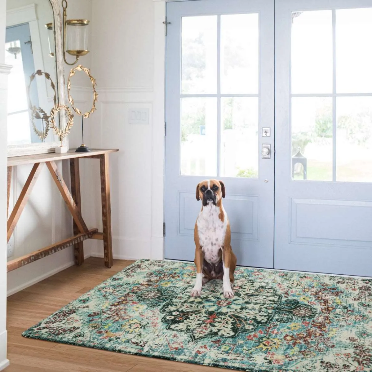 Reine Bohemian Floral Medallion Dark Teal Area Rug