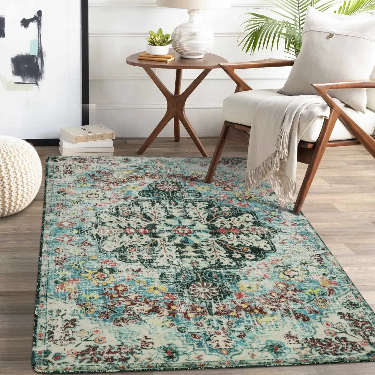 Reine Bohemian Floral Medallion Dark Teal Area Rug