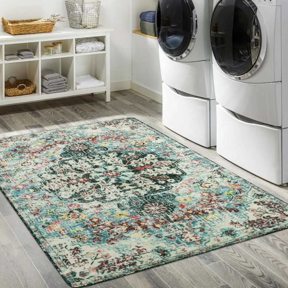 Reine Bohemian Floral Medallion Dark Teal Area Rug