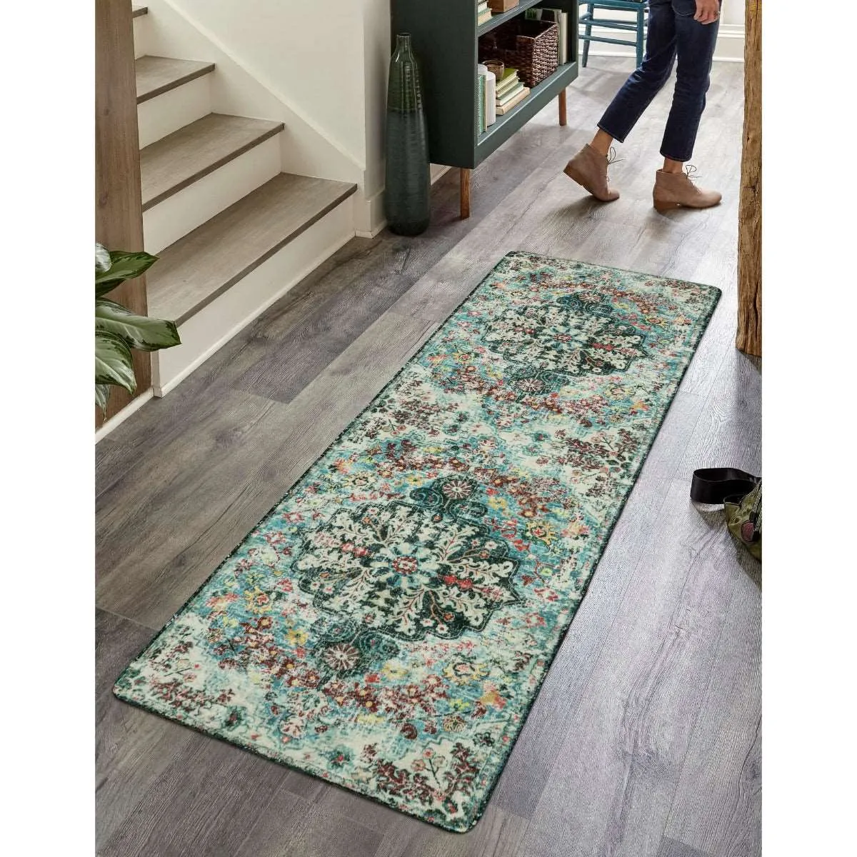 Reine Bohemian Floral Medallion Dark Teal Area Rug