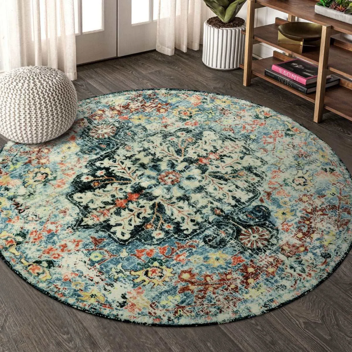 Reine Bohemian Floral Medallion Dark Teal Area Rug