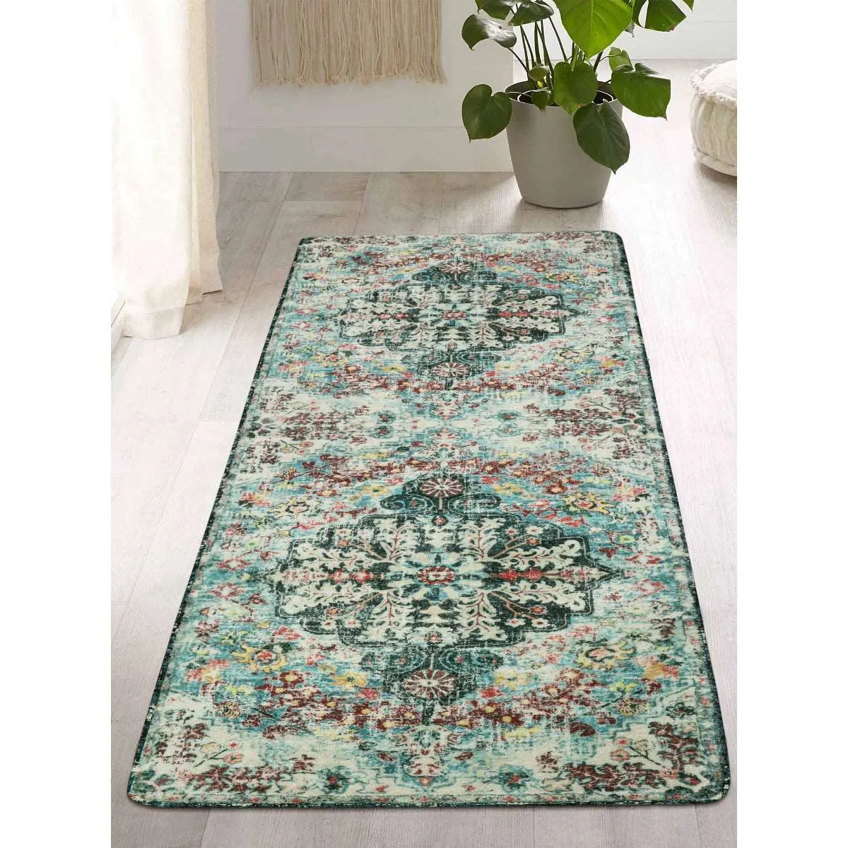 Reine Bohemian Floral Medallion Dark Teal Area Rug