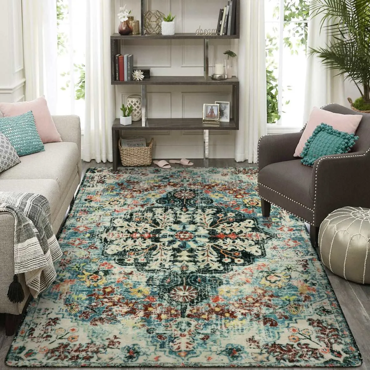 Reine Bohemian Floral Medallion Dark Teal Area Rug