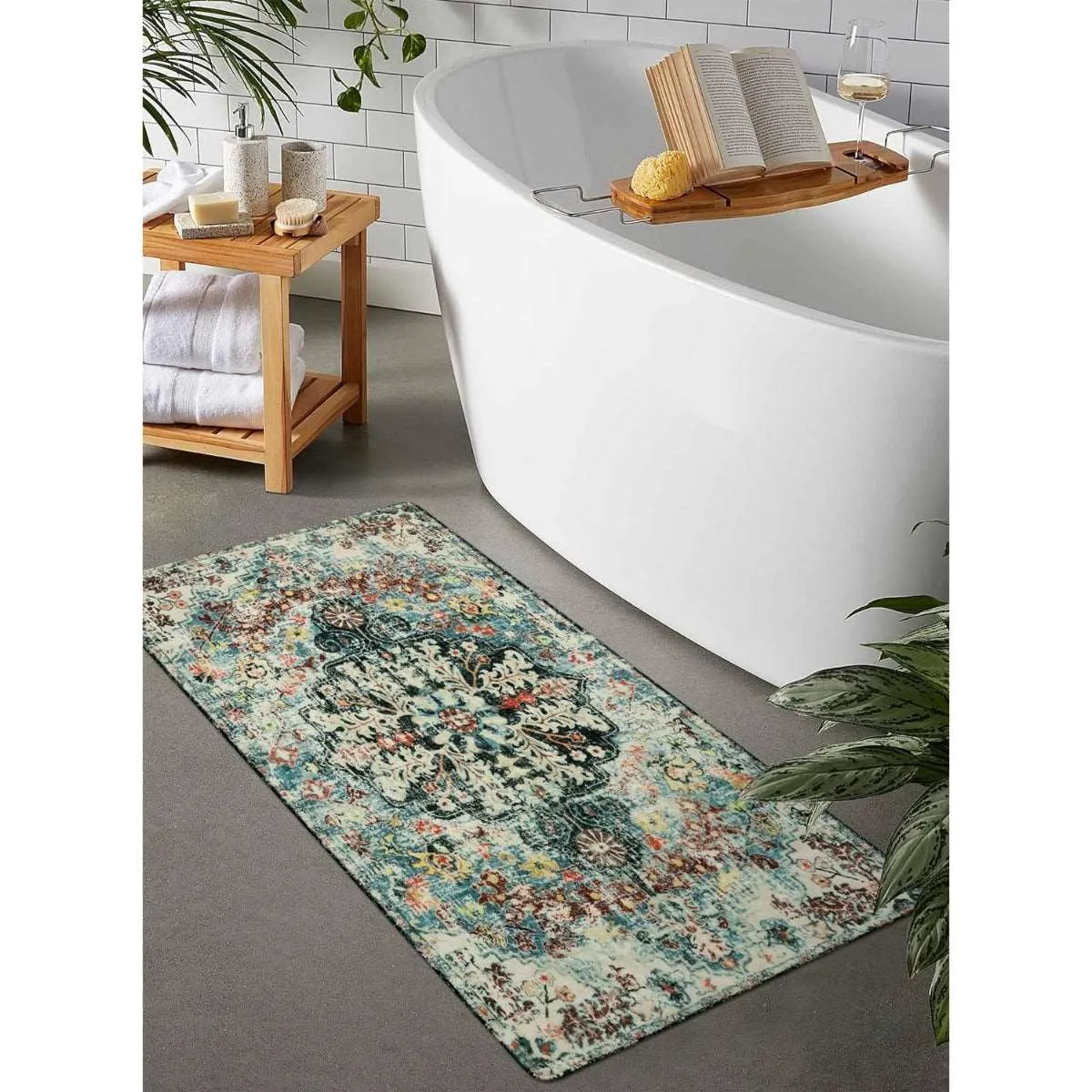 Reine Bohemian Floral Medallion Dark Teal Area Rug