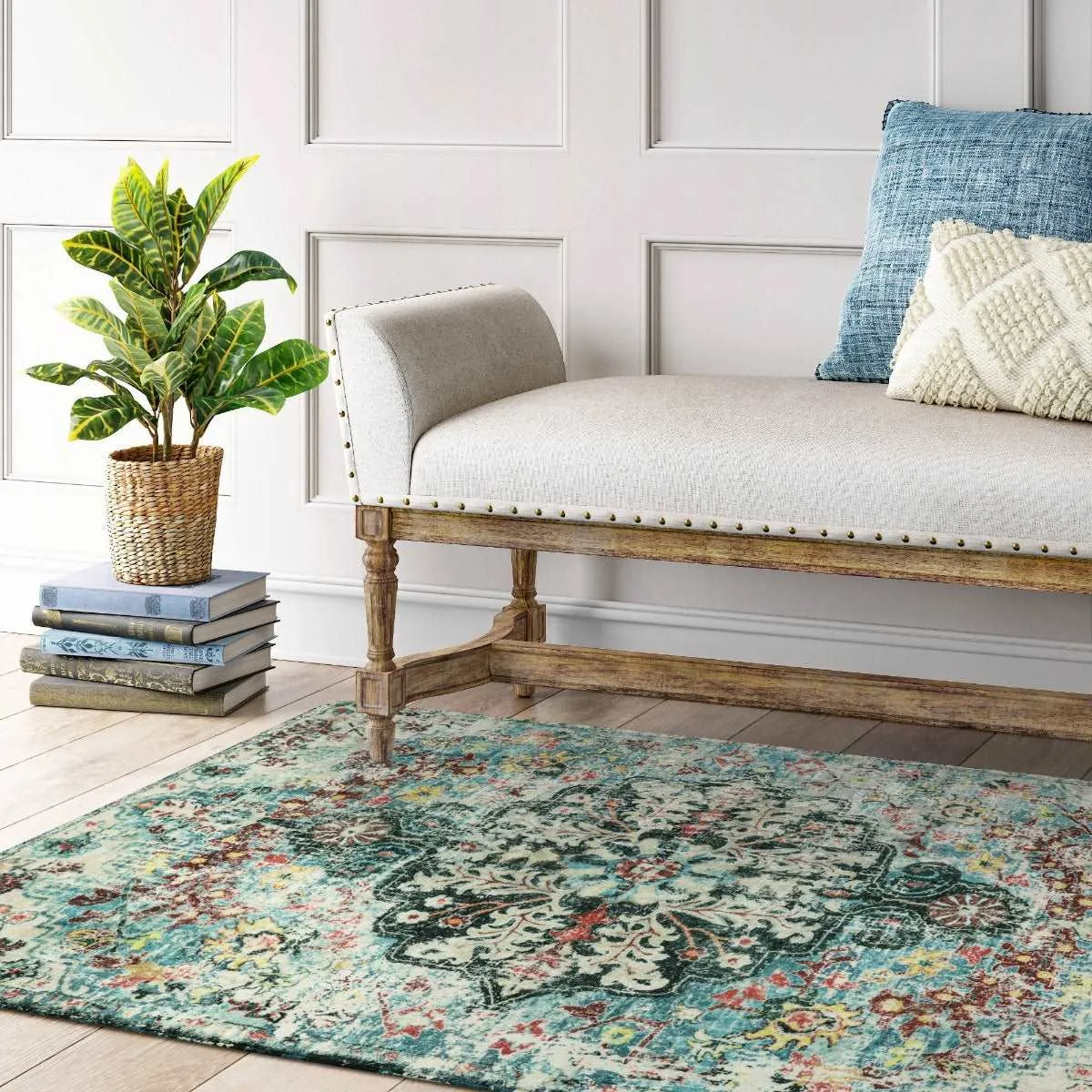 Reine Bohemian Floral Medallion Dark Teal Area Rug