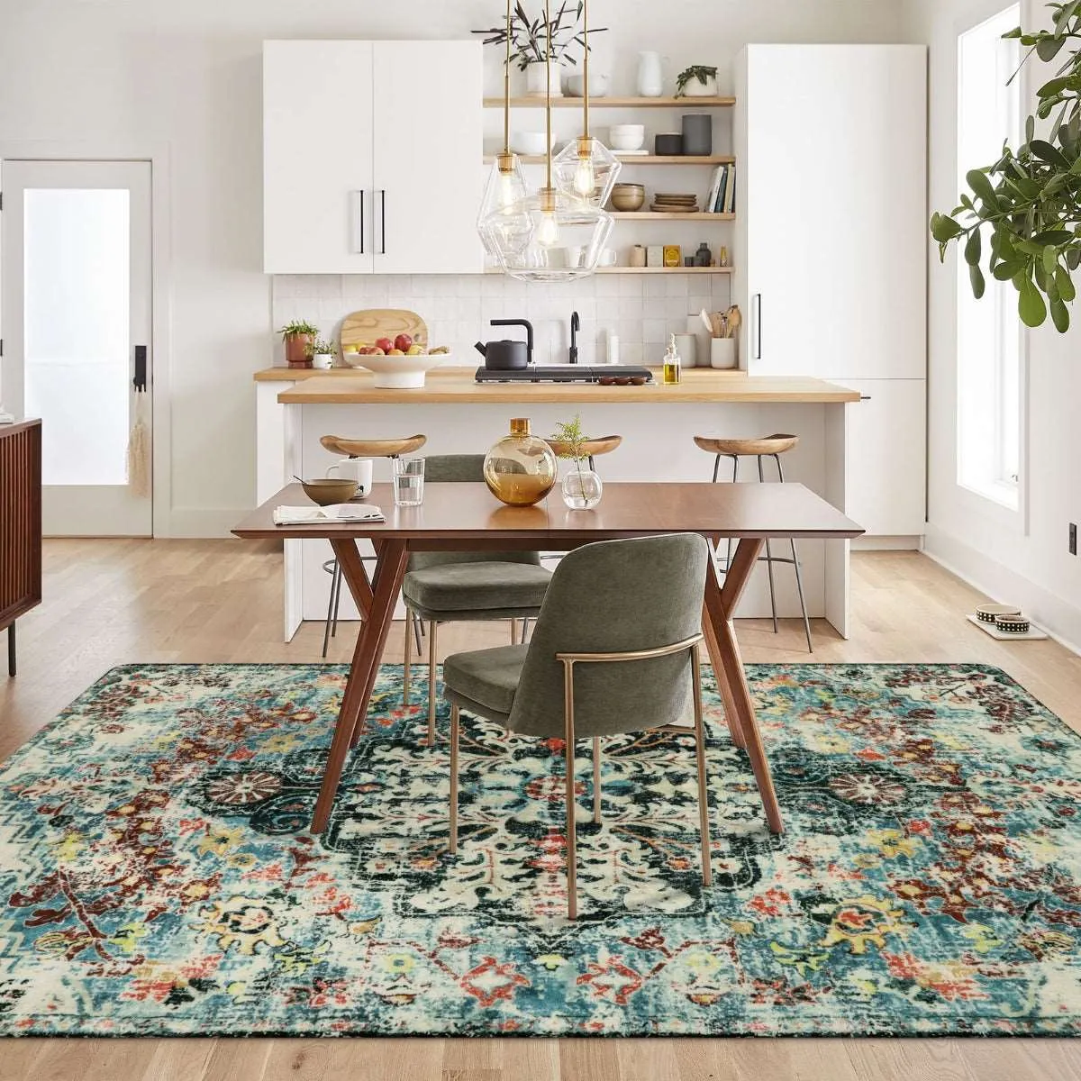 Reine Bohemian Floral Medallion Dark Teal Area Rug