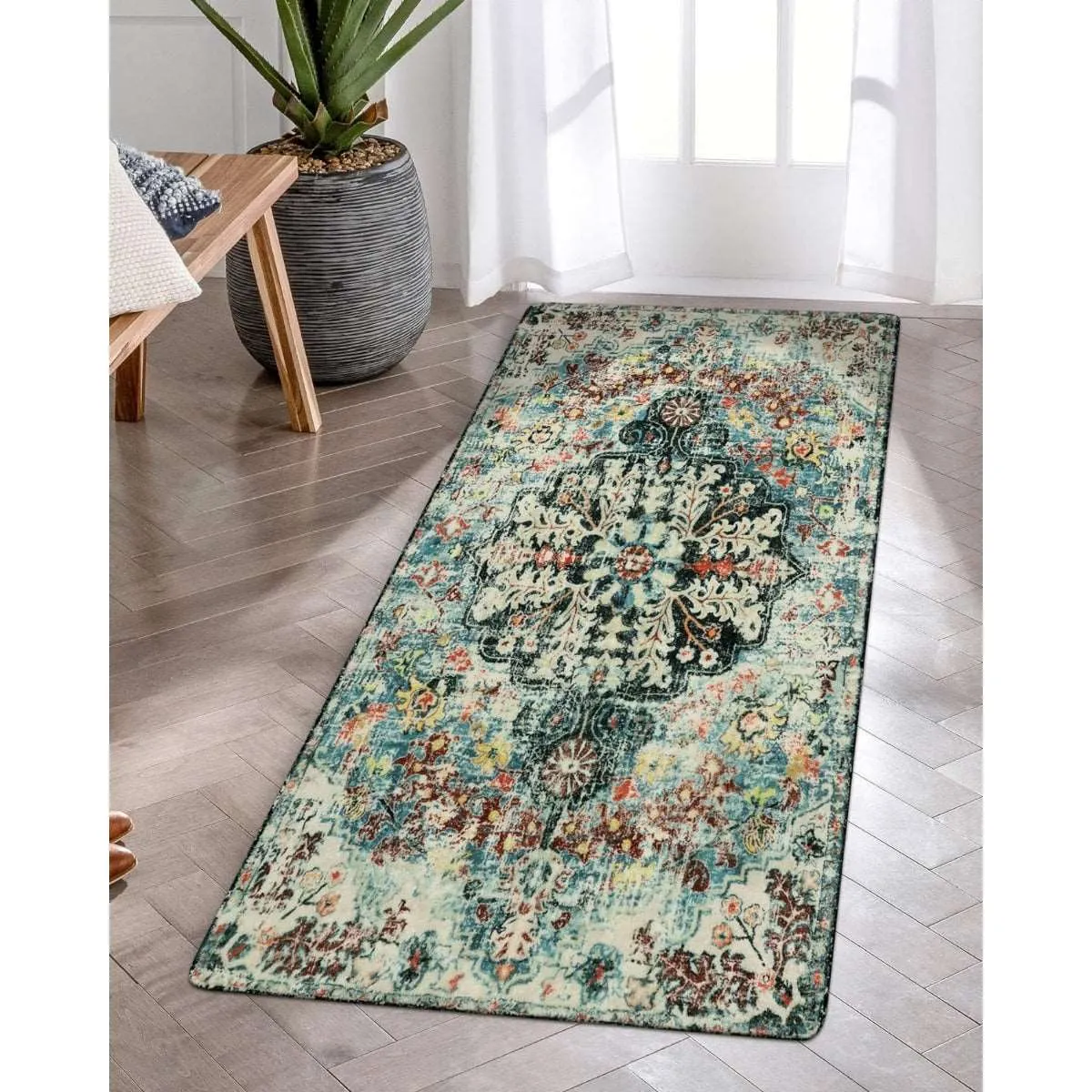 Reine Bohemian Floral Medallion Dark Teal Area Rug