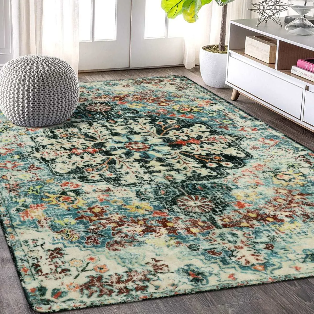 Reine Bohemian Floral Medallion Dark Teal Area Rug